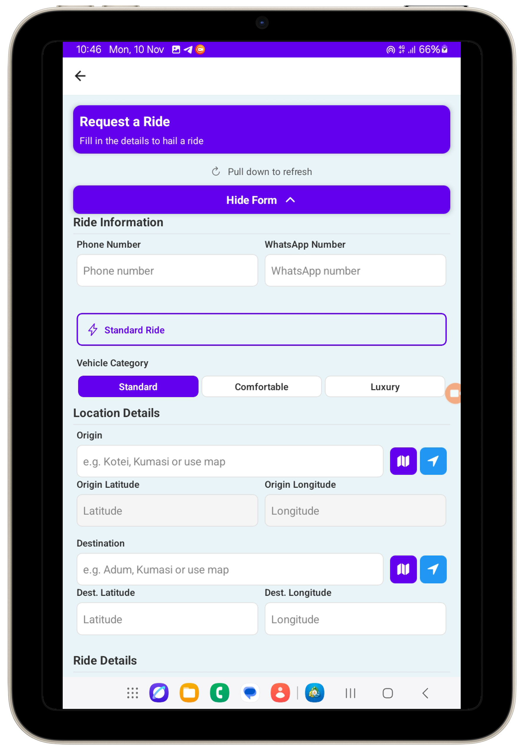 Ride Booking Interface